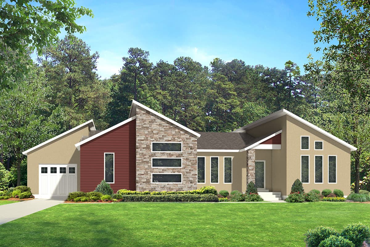 House plan exterior featuring a modern design with a single story, a combination of stone and siding, and multiple gabled rooflines.