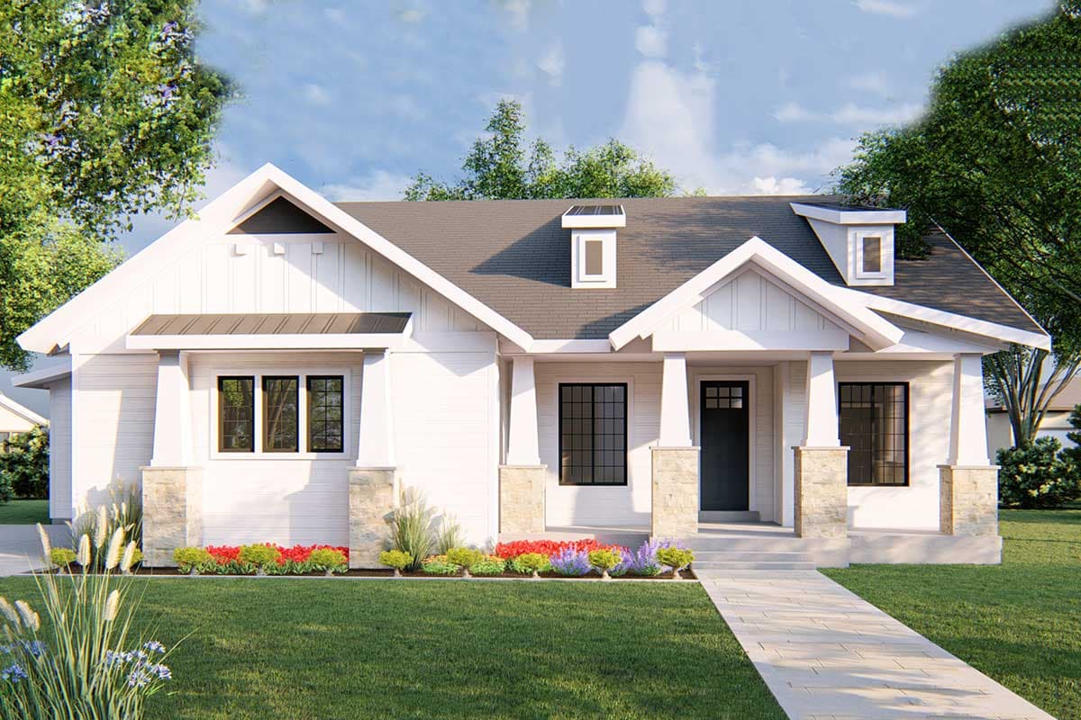 House plan exterior. One-story Modern Farmhouse with gables, porch with stone-clad columns, and dormers. Features dark window and door frames.