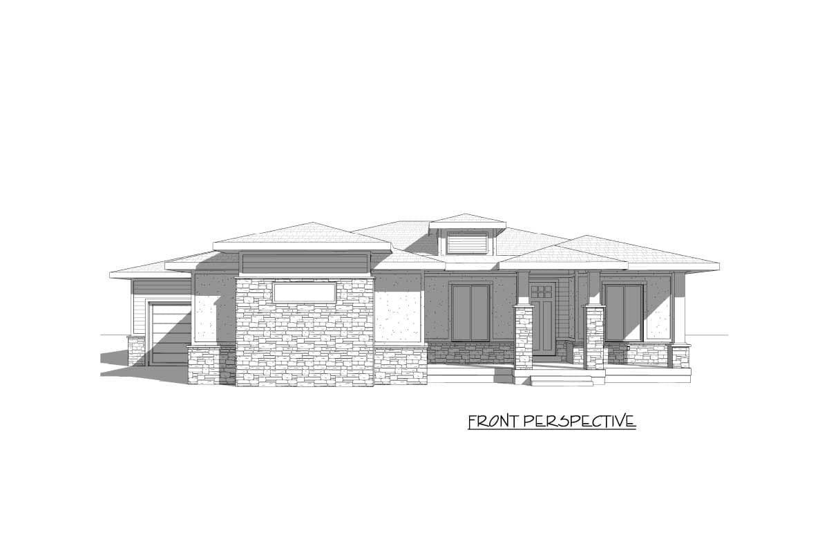 House plan exterior: Single-story, modern style with stone accents, prominent gables, dormer, and covered front porch with stone columns.
