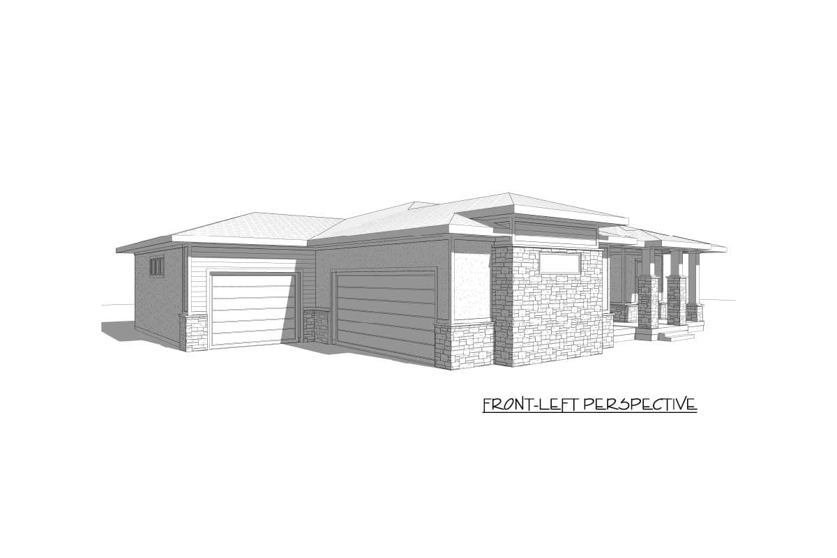 House plan exterior: single-story Modern style with stacked stone accents, covered entry with columns, and a two-car garage.