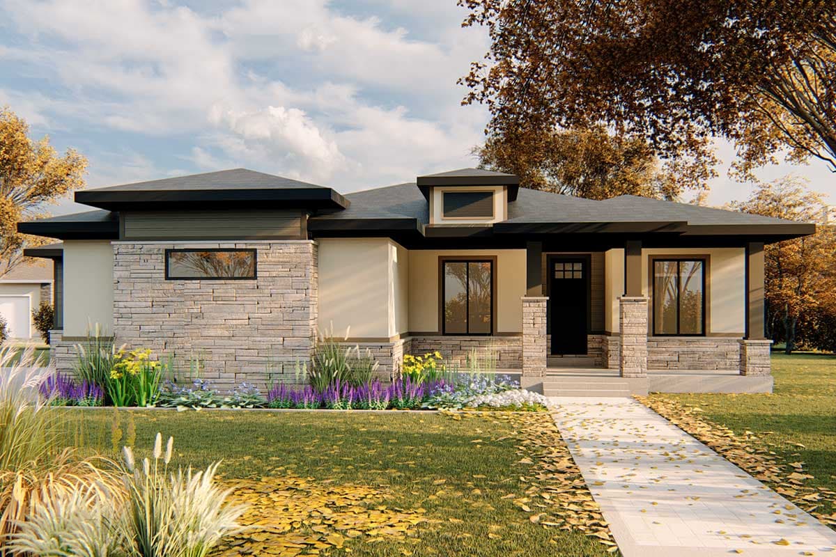 House plan exterior. Modern style, single-story home with stone facade, flat roof, and covered porch with pillars.