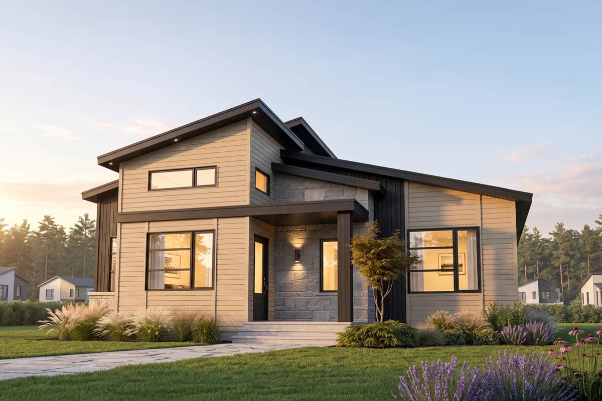 House plan exterior with modern design. Features include gabled roof, mixed material siding, and covered porch with stone detailing. Two-story design.