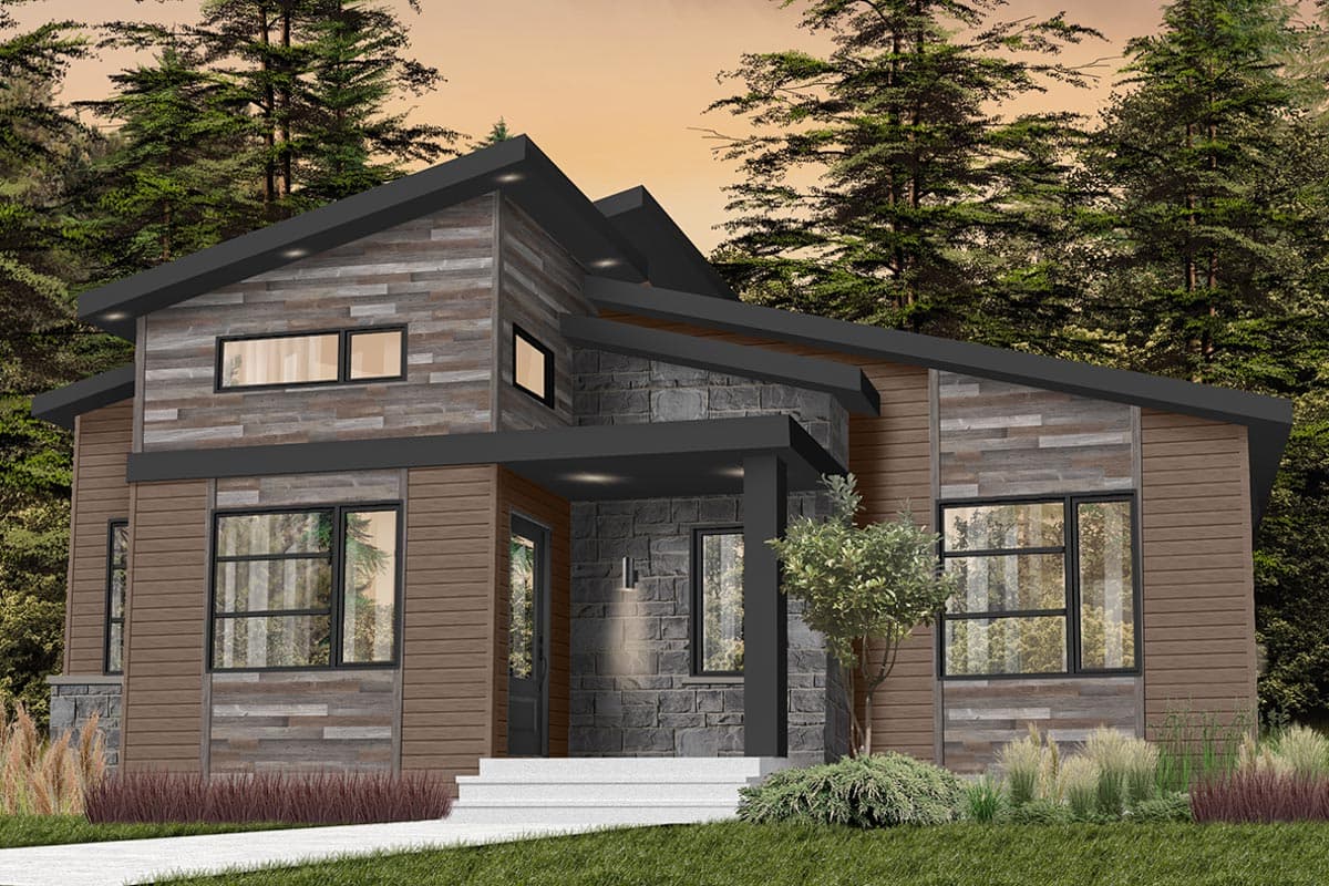 House plan exterior with modern design. Features include gabled roof, mixed material siding, and covered porch with stone detailing. Two-story design.