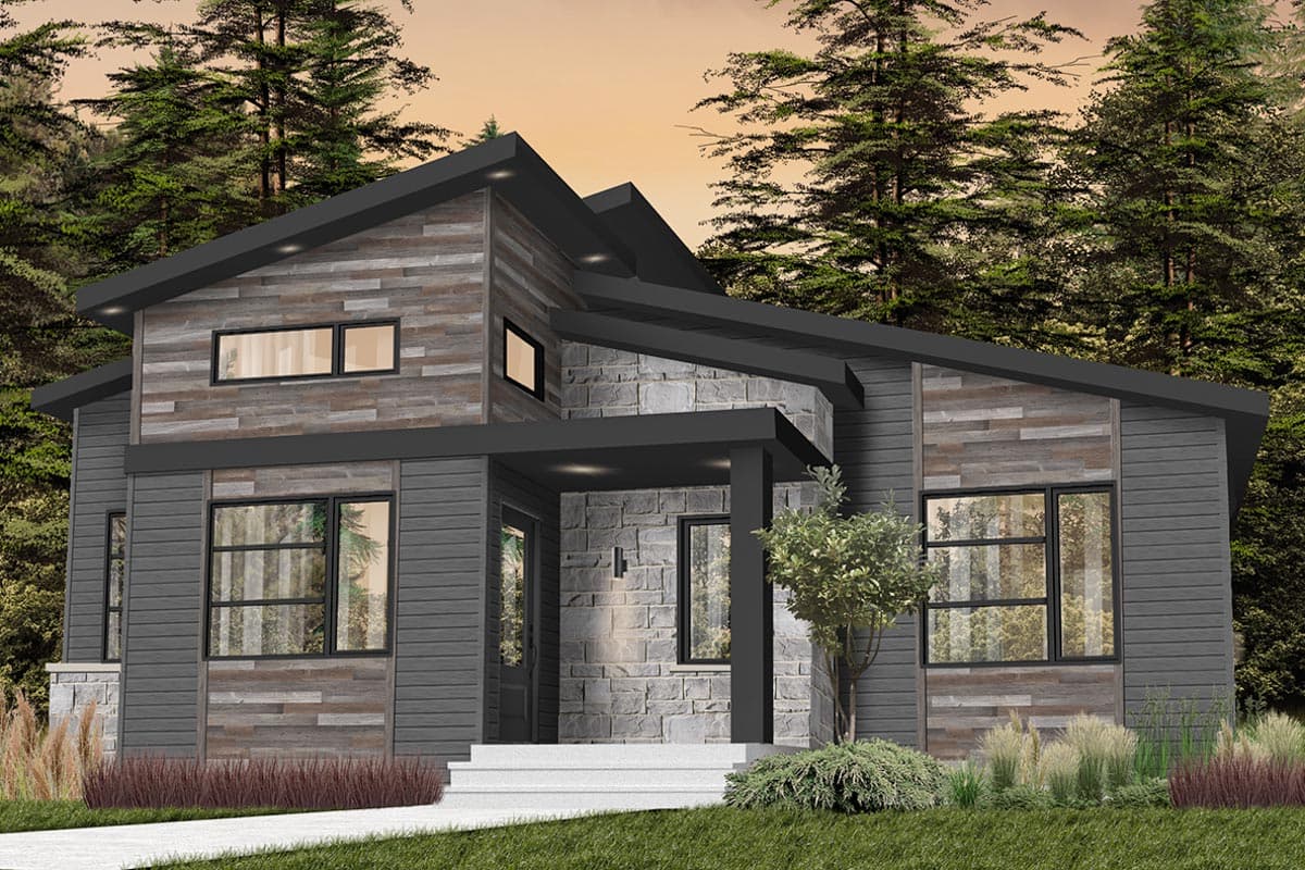 Modern house plan exterior with multi-level rooflines, stone and wood siding, and a covered porch with dark columns.