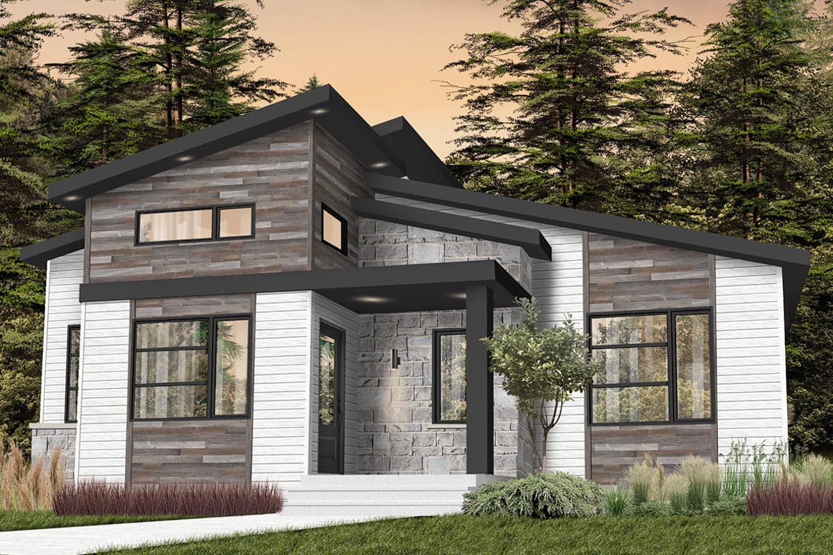 House plan exterior: Modern style, two stories, asymmetrical rooflines, stone and horizontal siding, prominent covered entry.