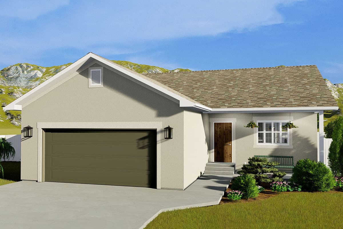 House plan exterior with stucco siding, a gable roof, and an attached garage. Features include a front porch with a window and a wood door.