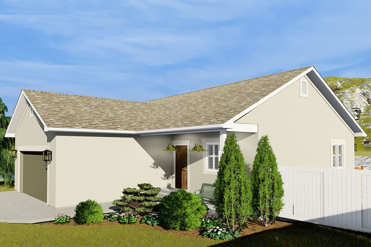 House plan exterior: single-story home with attached garage, covered entry, gable roof, and simple landscaping.
