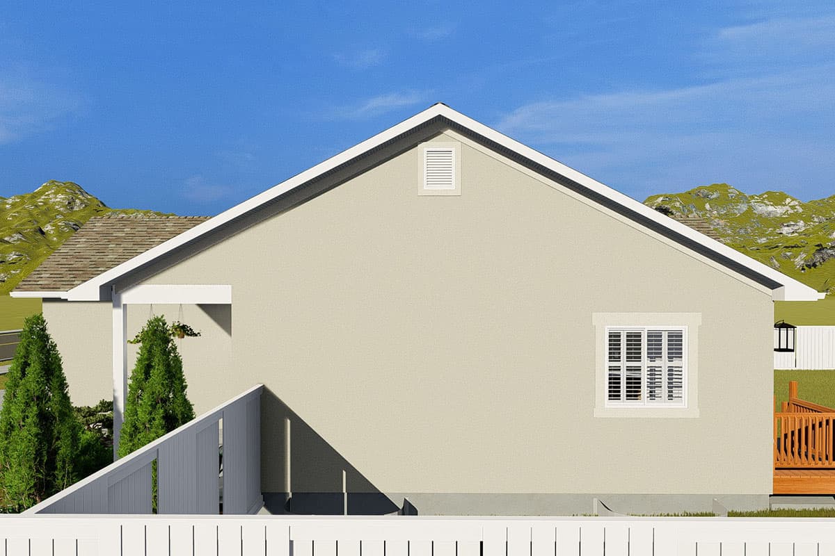 House plan exterior rendering of a single-story home with a gable roof, visible HVAC vent, and a small window.
