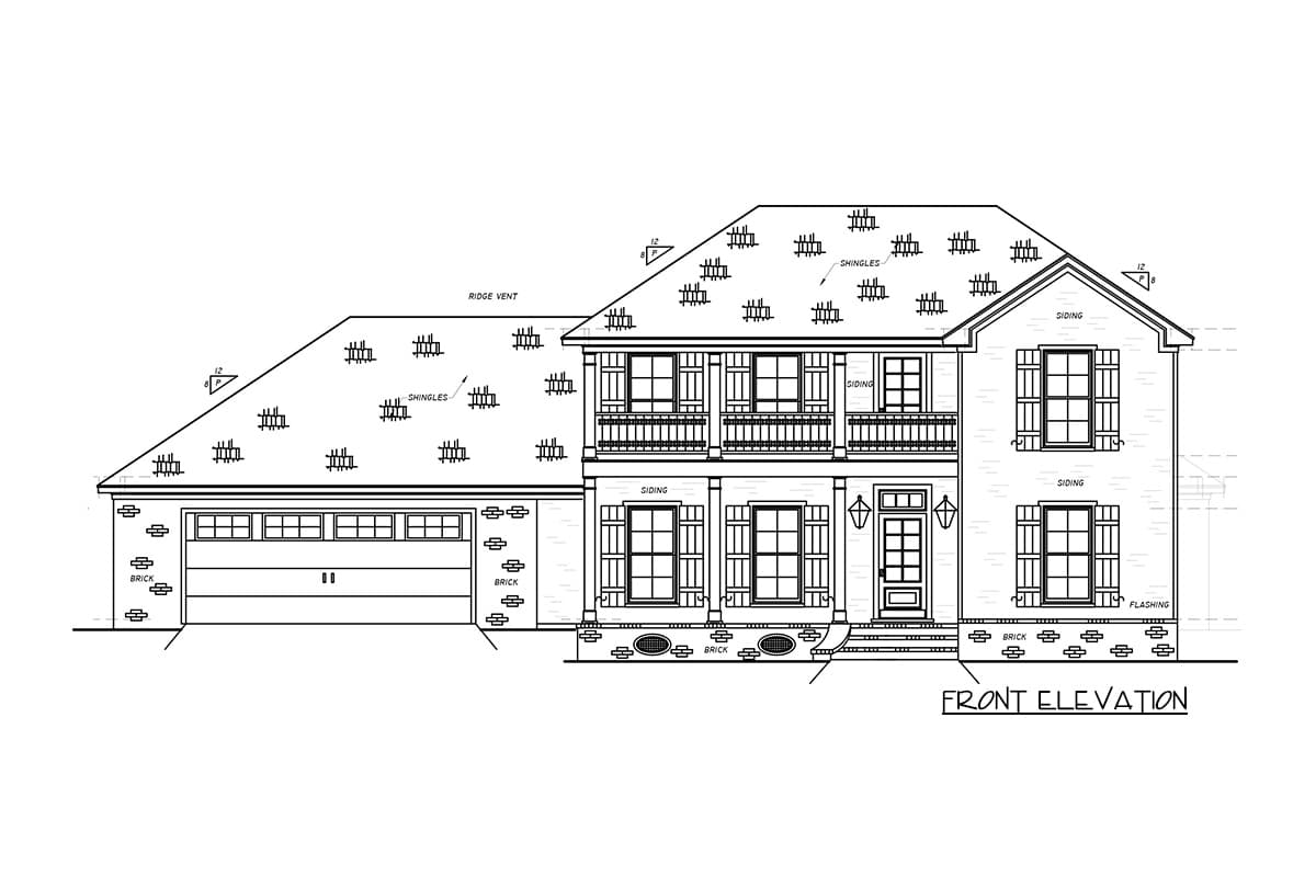 Front elevation drawing of a two-story house plan with a brick and siding exterior, a two-car garage, and a second-story balcony.