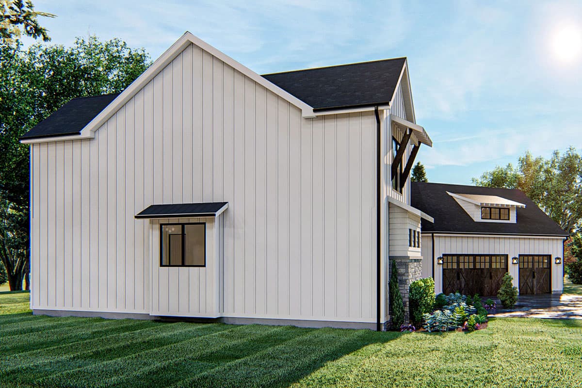 Modern Farmhouse house plan exterior with vertical siding, gabled roof, dormers, and a two-car garage with wood doors.