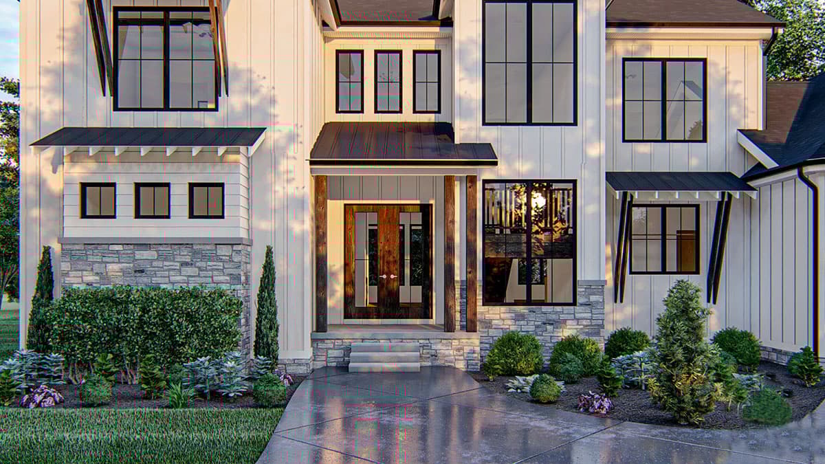 Modern Farmhouse house plan exterior with double front doors, stone accents, metal awnings, and large multi-pane windows.