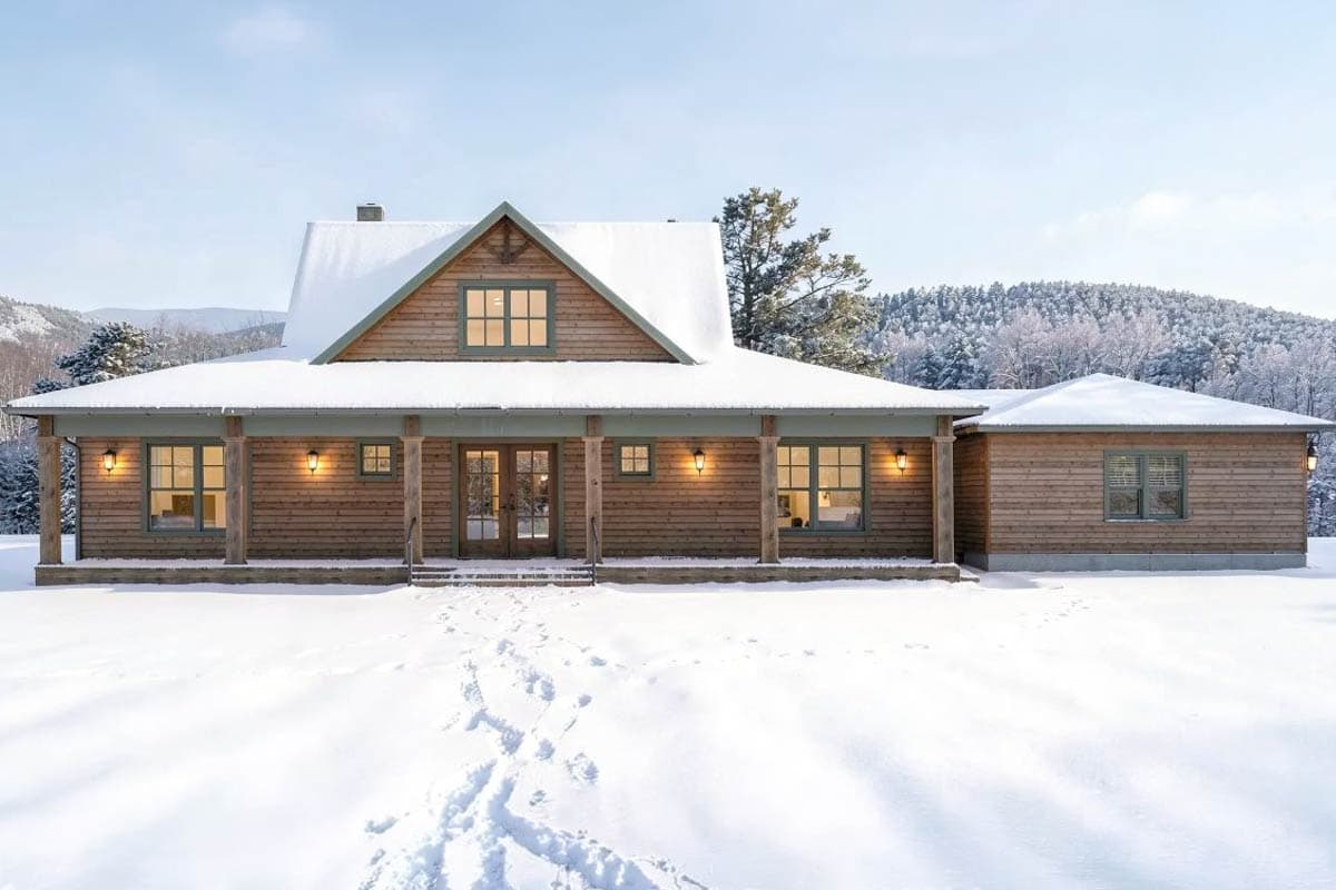 Kitchen and great room with island, fireplace, shiplap walls, exposed beams, and built-in shelving.