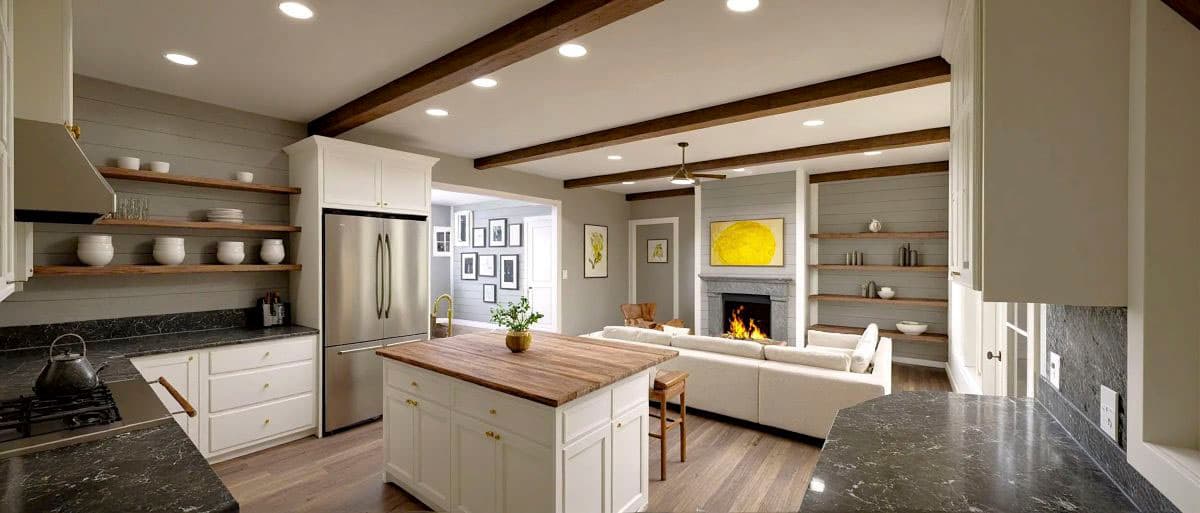 Kitchen and great room with island, fireplace, shiplap walls, exposed beams, and built-in shelving.