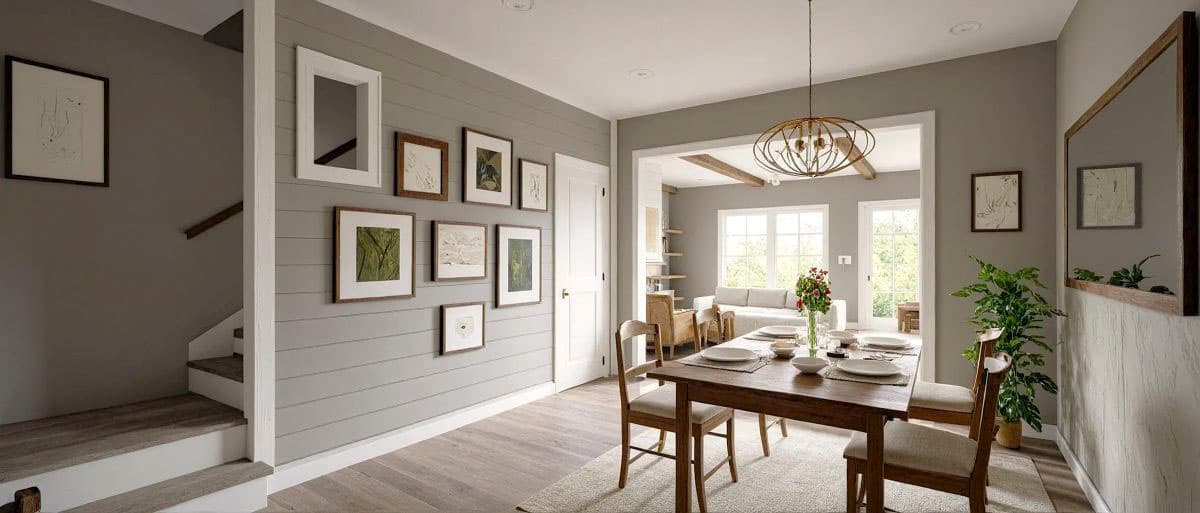 Dining area with wooden table and chairs, view to living room with sofa and large windows, shiplap accent wall.