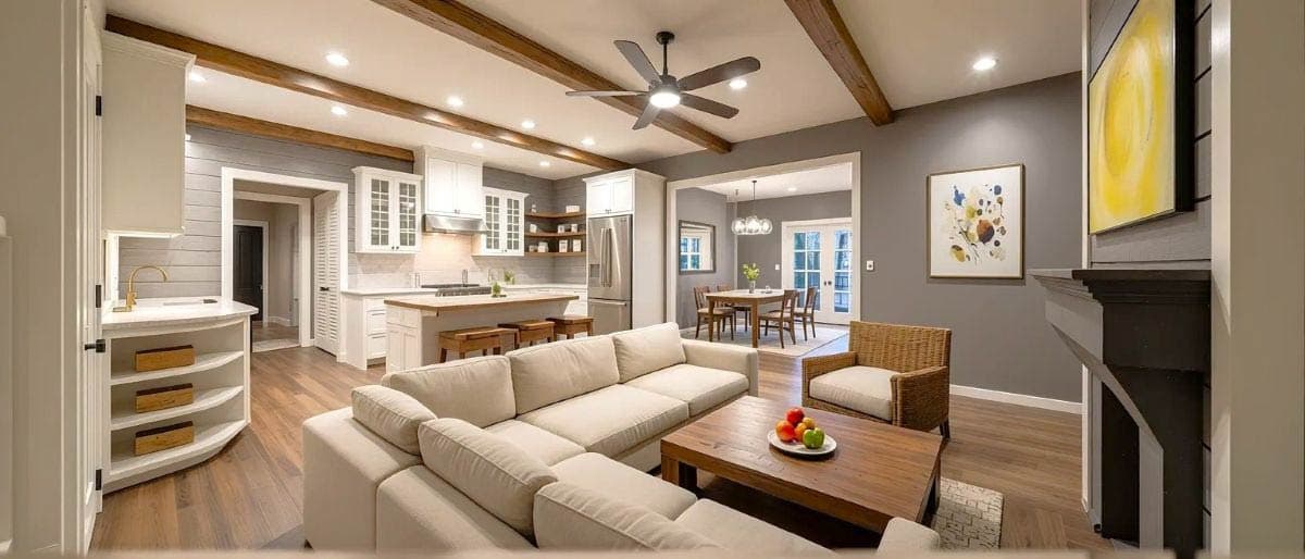 Open concept living area with kitchen island, sectional sofa, fireplace, and dining area with French doors.