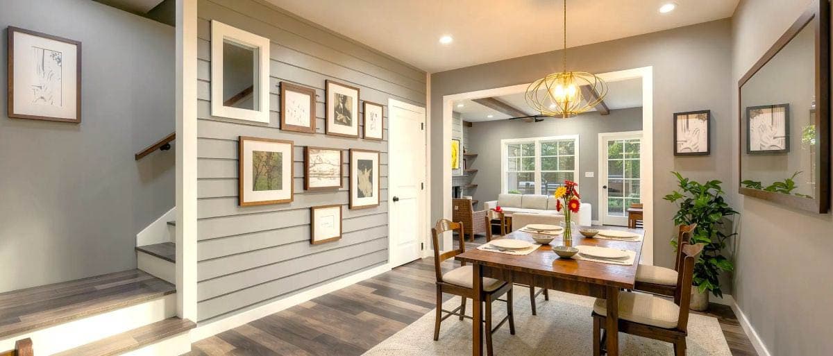 Dining room with wood table, open access to living area with fireplace, stairs, and shiplap wall with framed art.