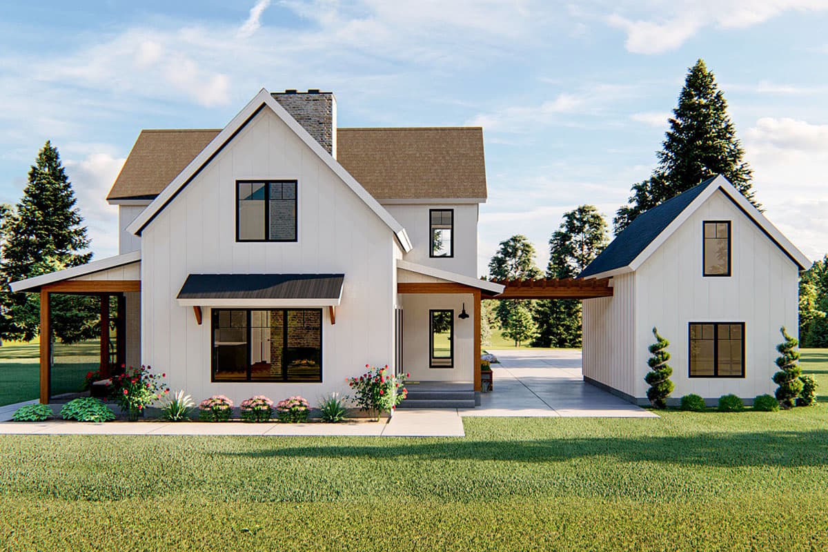 House plan exterior. Two-story Modern Farmhouse with gables, covered porch, and pergola-covered garage entry, plus board and batten siding.