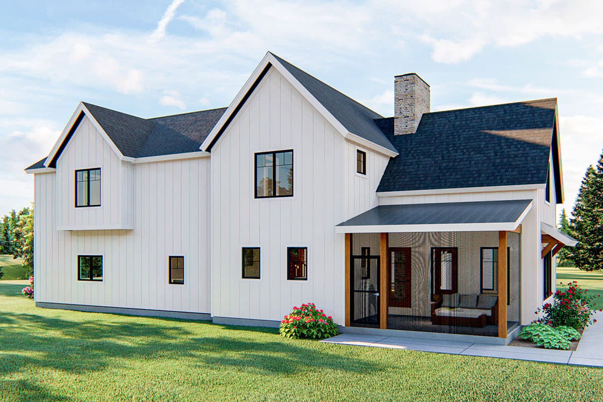 Modern Farmhouse house plan exterior, two stories, vertical siding, gables, and screened porch with stone chimney.