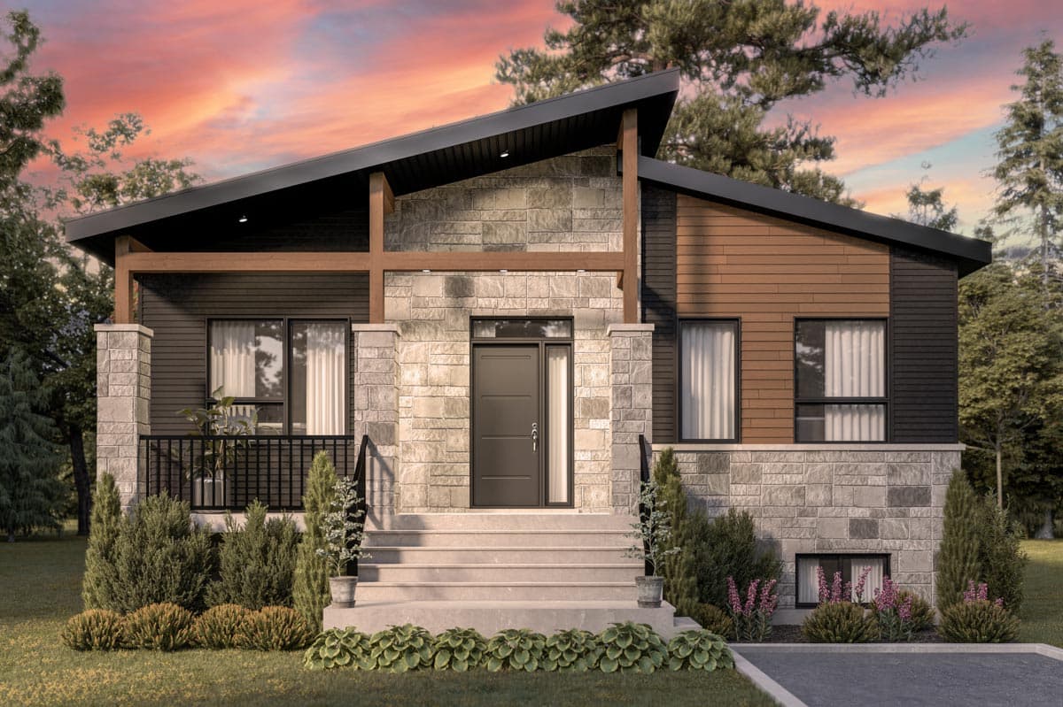 House plan exterior. Modern style with stone and wood siding, covered porch, and a sloped roof. Features include a front entry and two stories.