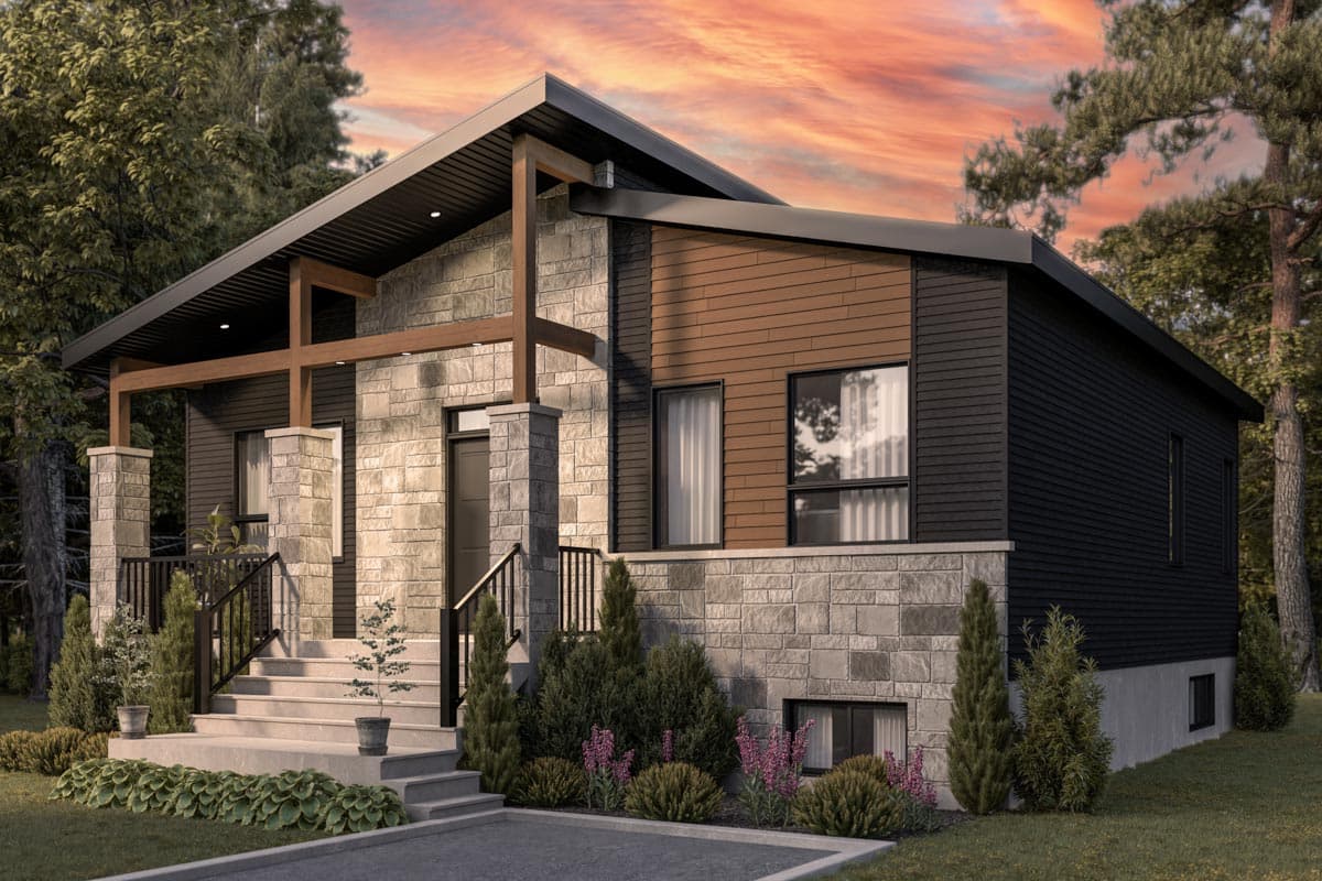 Modern house plan exterior with stone and wood siding, a covered porch with exposed beams, and a sloped roof.