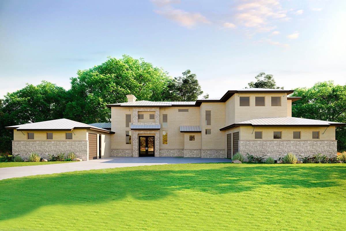 House plan exterior. Two-story modern house with flat roof, recessed entry, and stone facade accents. Attached garage on left.
