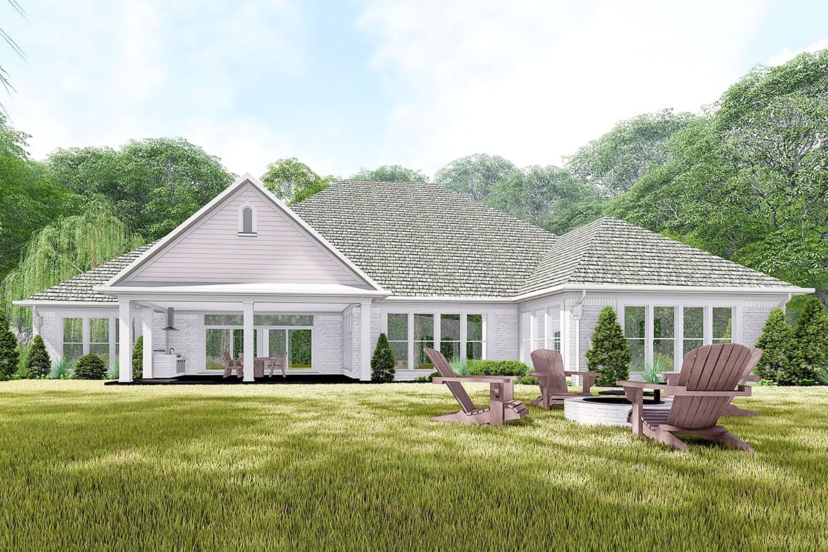 House plan exterior: One-story Modern Farmhouse with white brick, gabled roof, covered patio with outdoor kitchen, and large windows.
