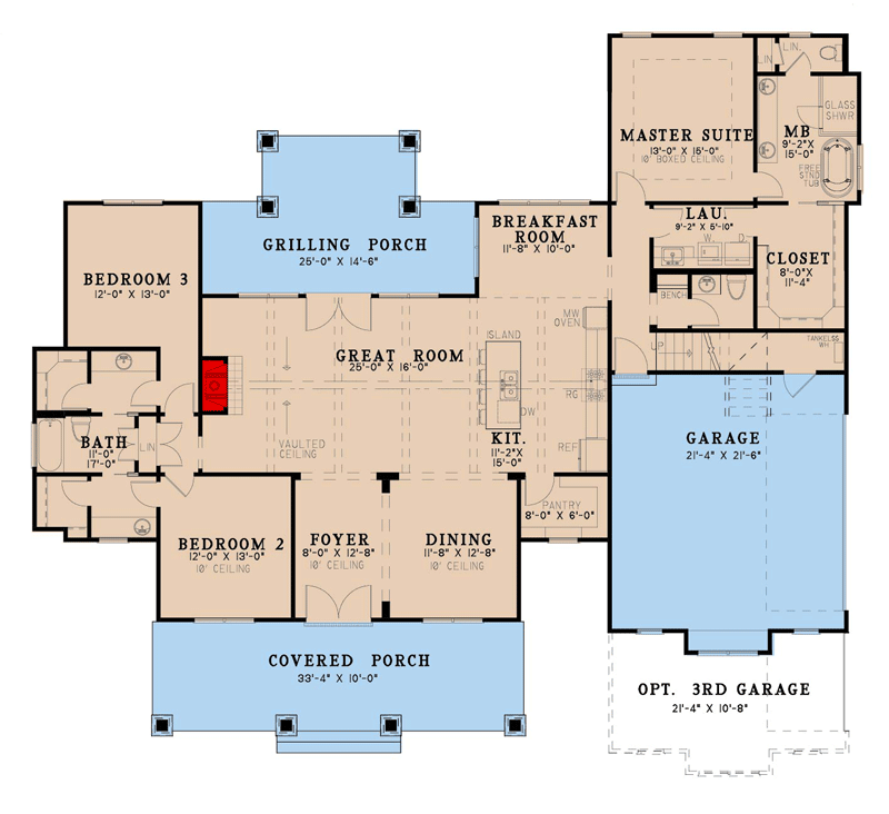 Plan 70640MK: Lovely Modern Farmhouse Plan with Bonus Room above Garage - Floor Plan - Main Level - Country, Farmhouse, Modern Farmhouse, New American