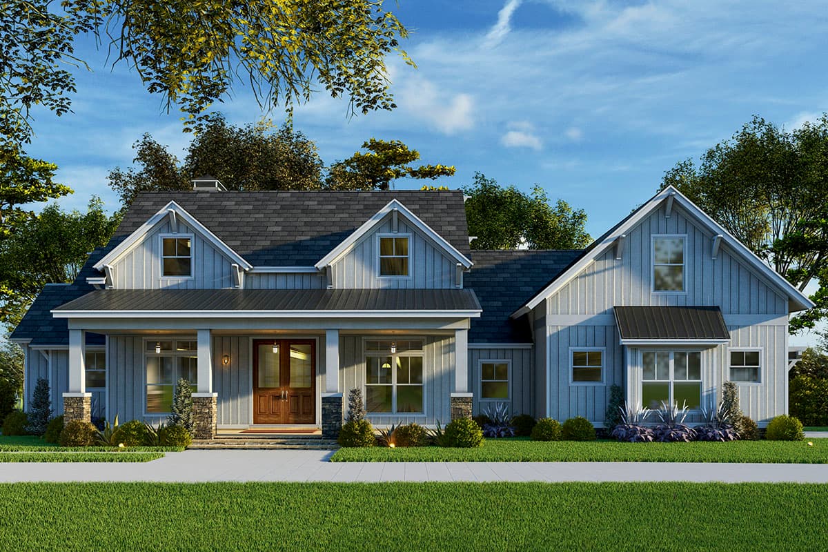 House plan exterior. Two-story Modern Farmhouse with gabled roof, covered front porch, and dormers. Features include board and batten siding.