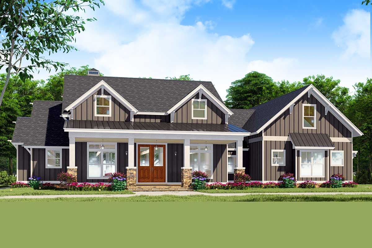 House plan exterior: One-story Modern Farmhouse with covered front porch, gable dormers, and double front doors.