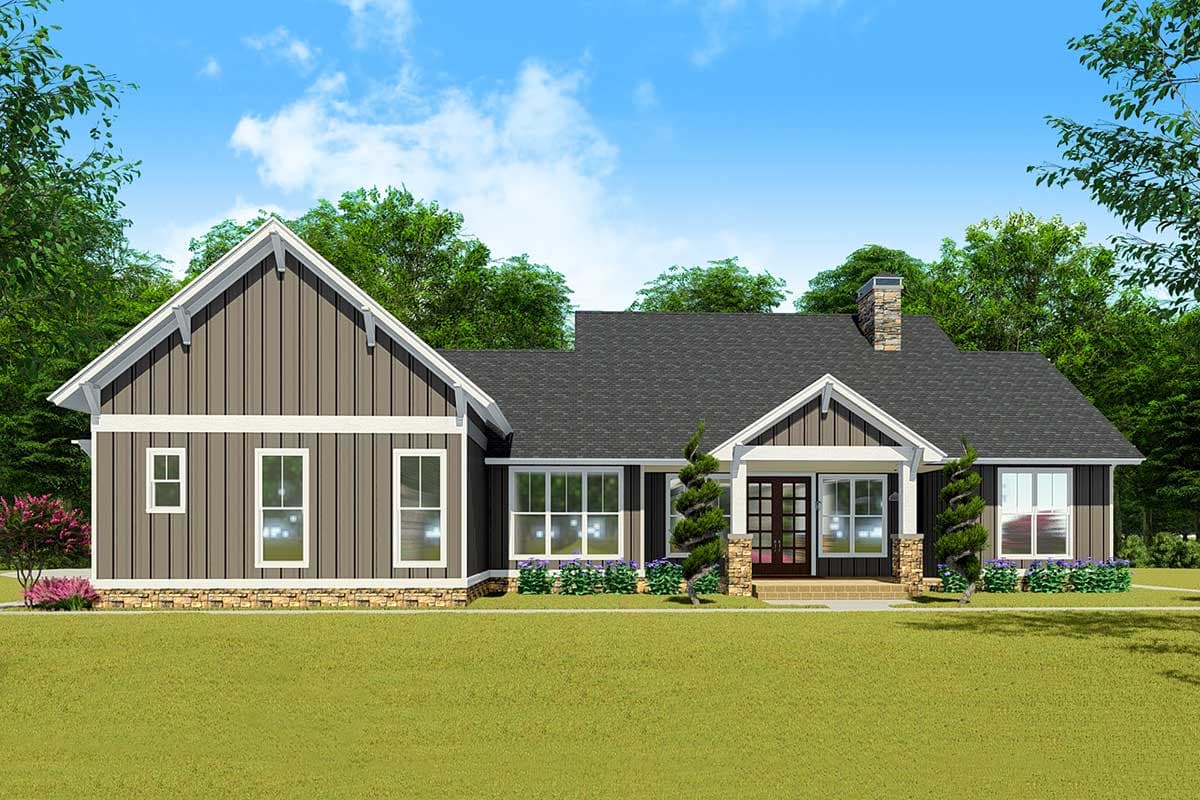 House plan exterior: Ranch style, board and batten siding, stone accents, covered entry porch with square columns, and prominent gables.