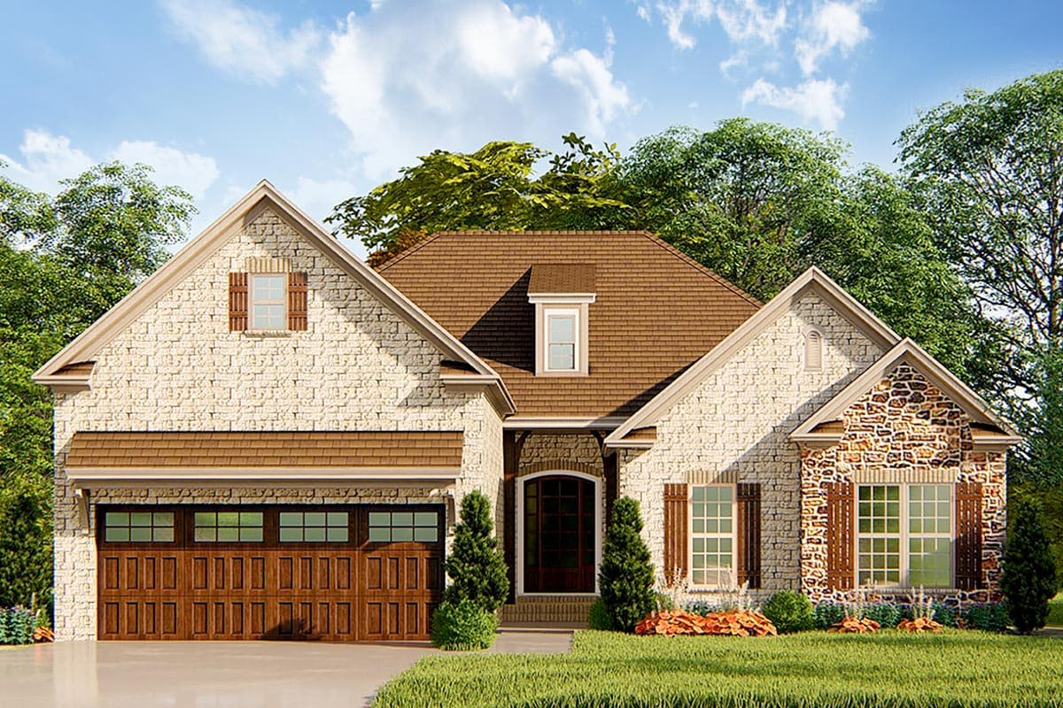 House plan exterior. Two-story home with stone facade, multiple gables, and a front-facing garage with wood panel door.