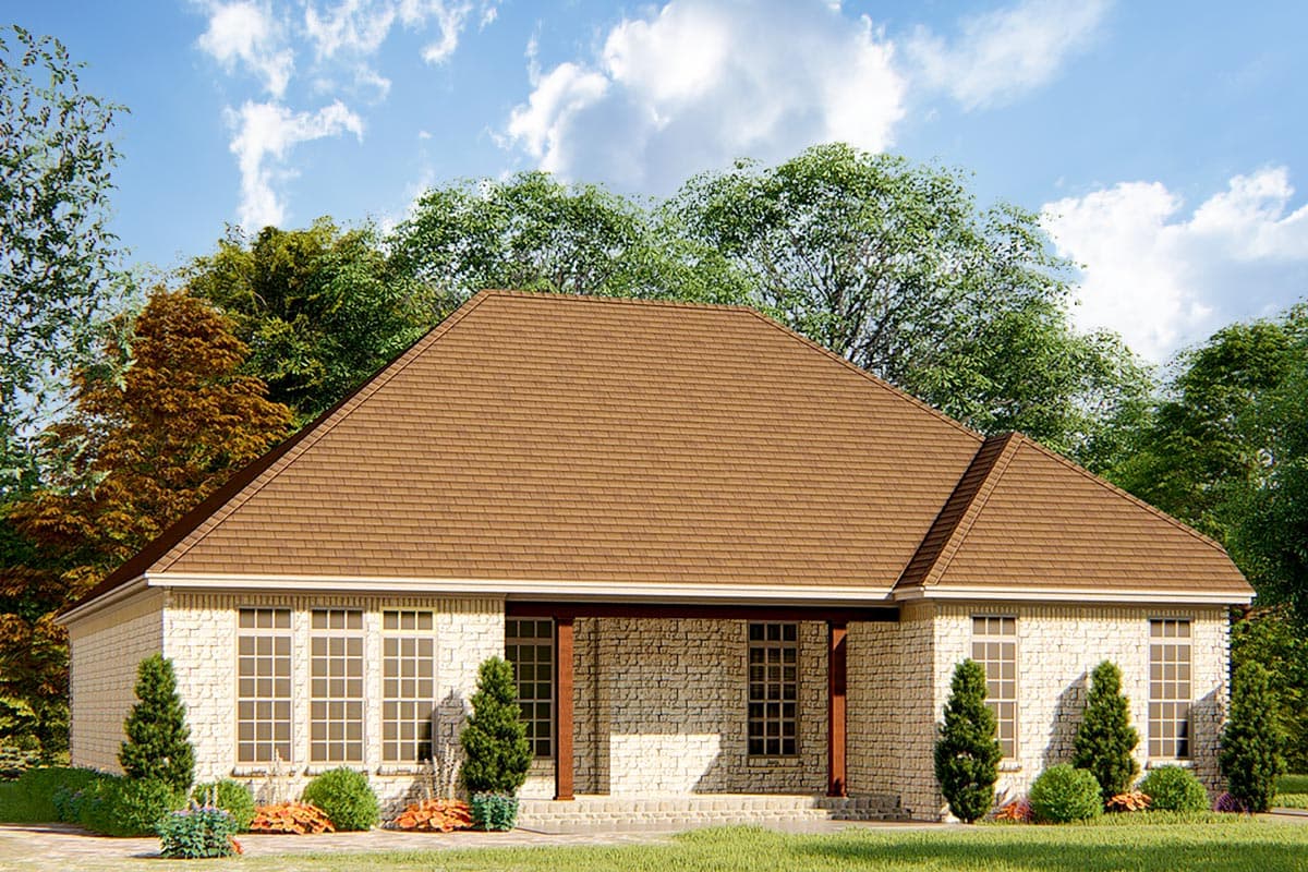 House plan exterior, one-story home with stone veneer, multi-pane windows, and covered entry with brick pillars.