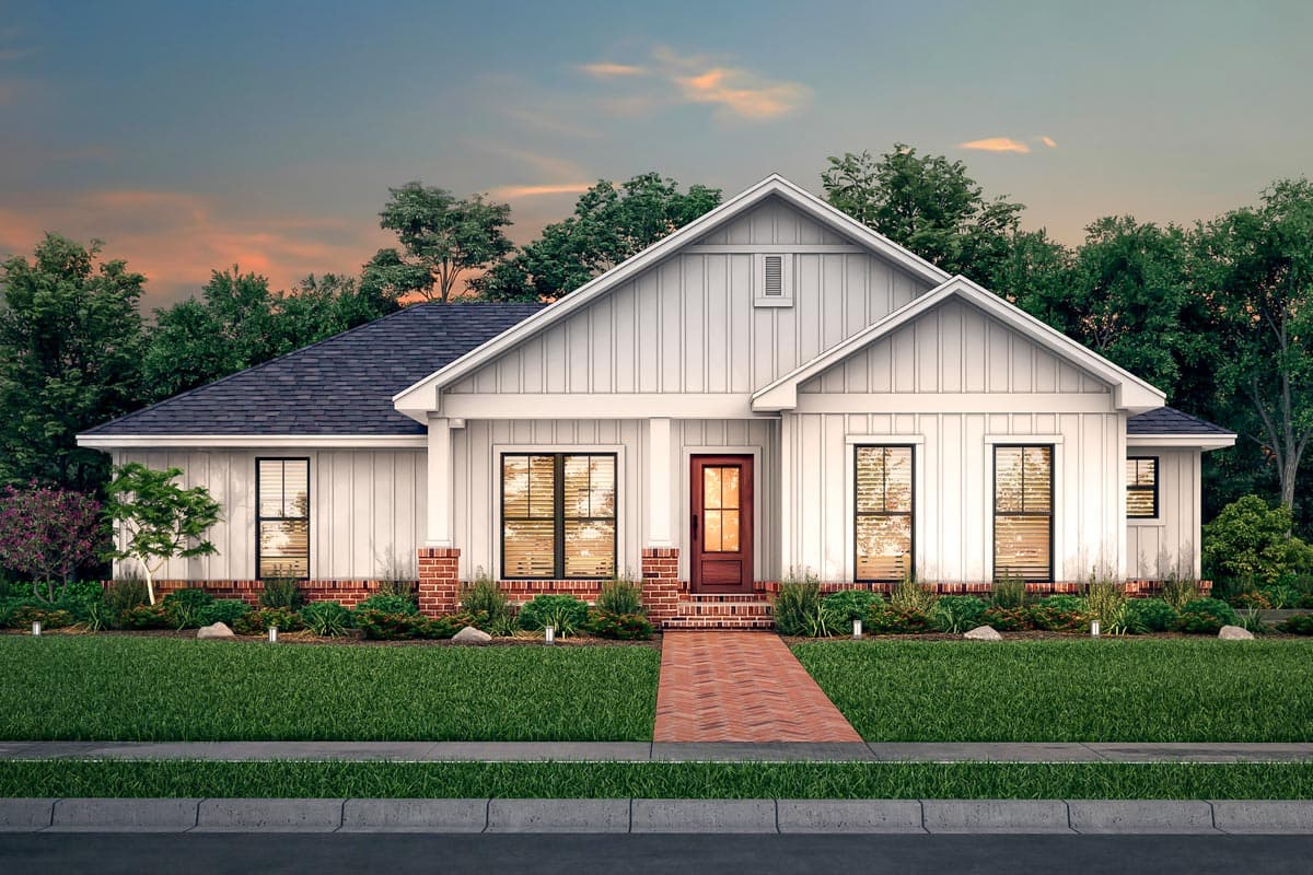 House plan exterior: one-story Modern Farmhouse with gabled roof, board and batten siding, and brick accents.