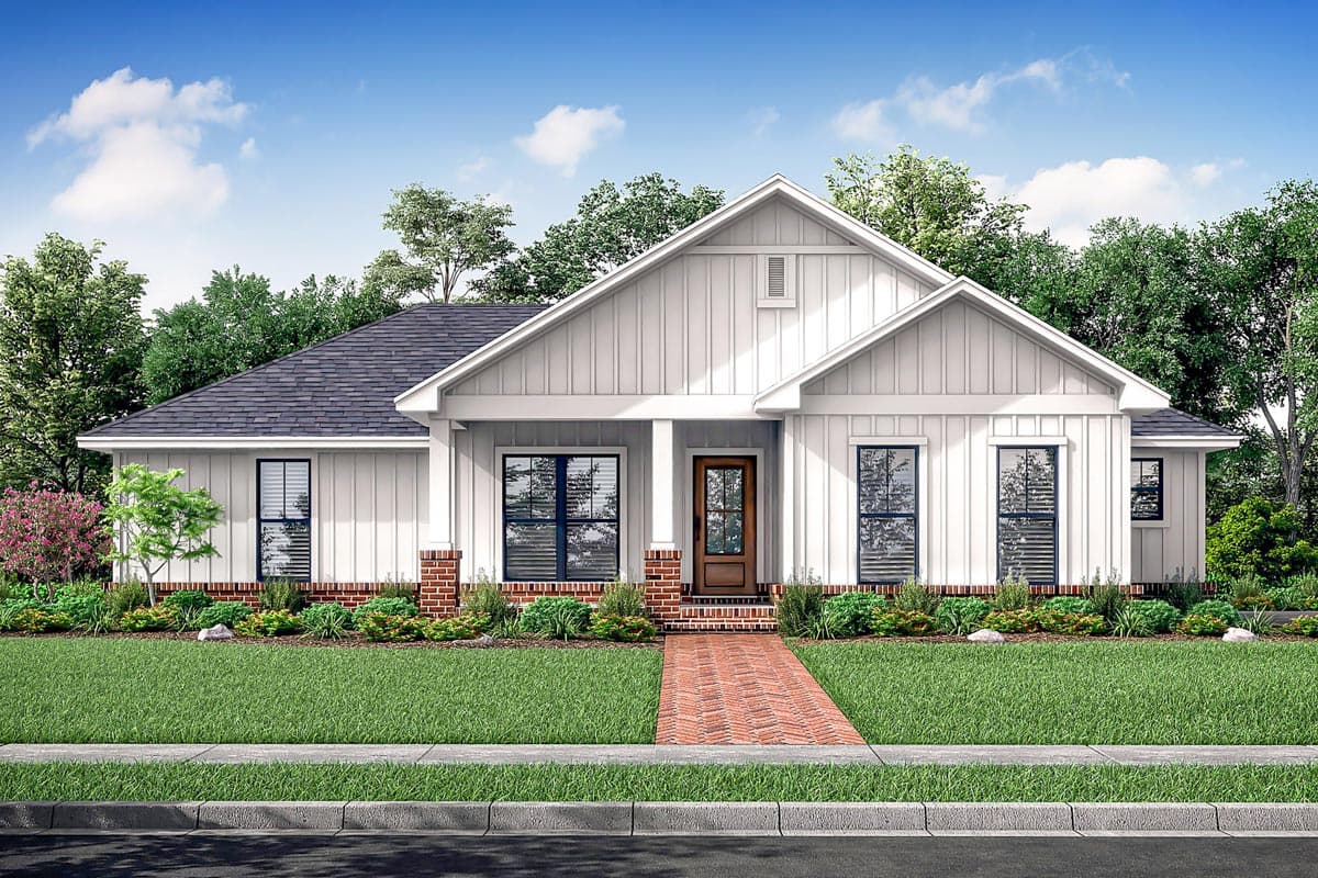 House plan exterior. Modern Farmhouse style, one-story. Features include a front porch with columns, a gable roof, and vertical siding.