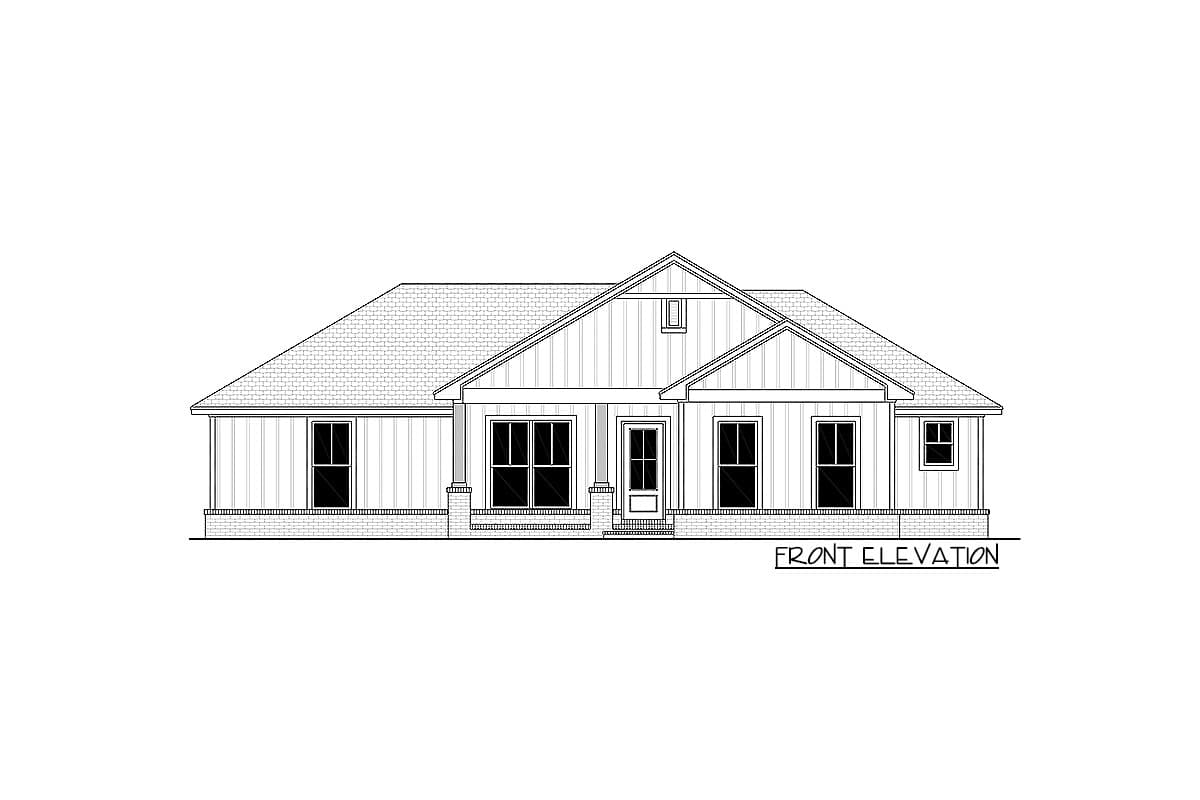 Front elevation drawing of a single-story house with a gabled roof, porch, and multiple windows.