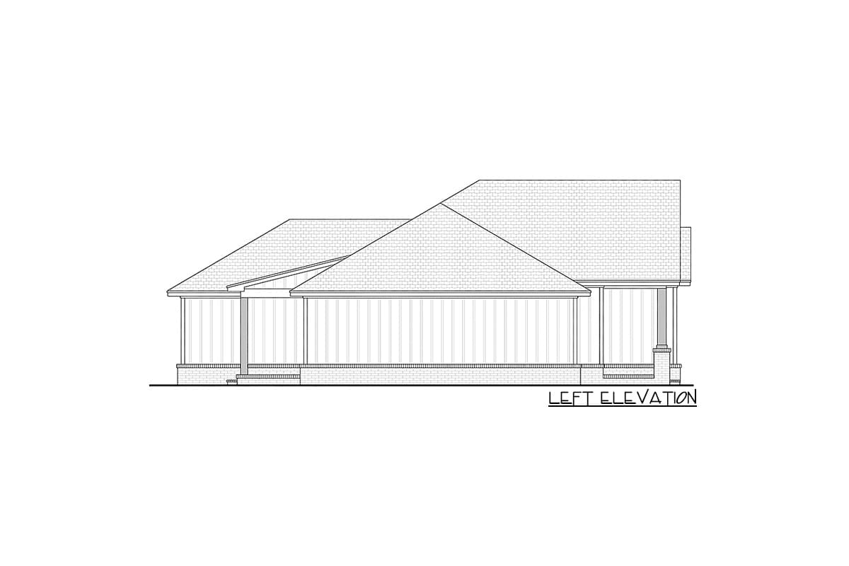 Left elevation house plan drawing showing a covered porch with columns and a multi-level roofline.