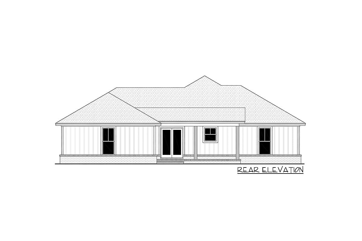 Rear elevation drawing of a single-story house with a pitched roof, double doors, and three windows.