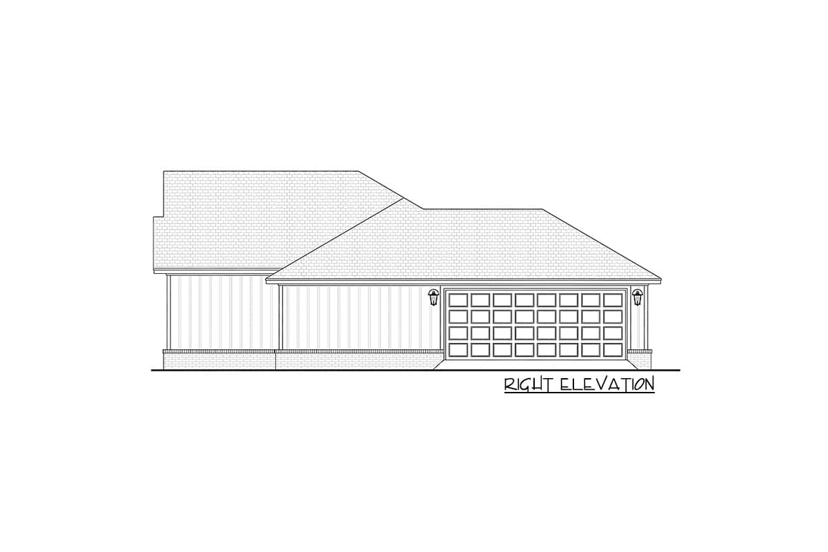 Right elevation house plan drawing showing a gable roof, siding, and a two-car garage.