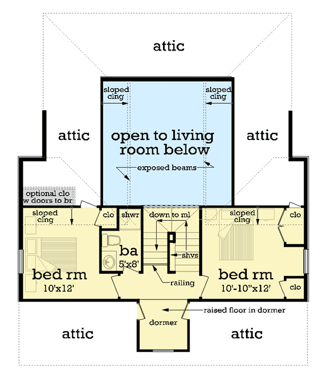 Plan 55211BR: 3-Bed Cottage House Plan 2-Story Living Room - Floor Plan - 2nd Floor - Country, Southern, Traditional
