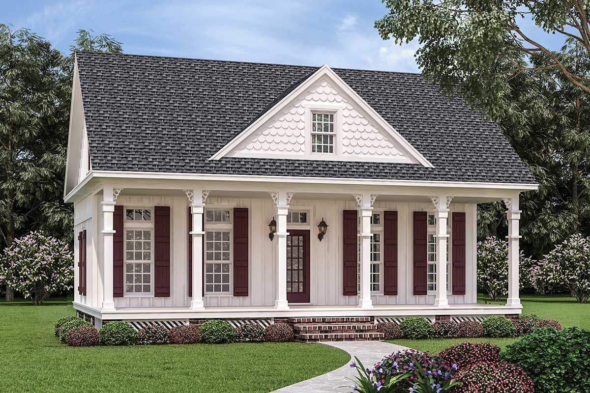 House plan exterior view, single-story Craftsman style. Features include a front porch with columns, gabled roof, and decorative gable trim.