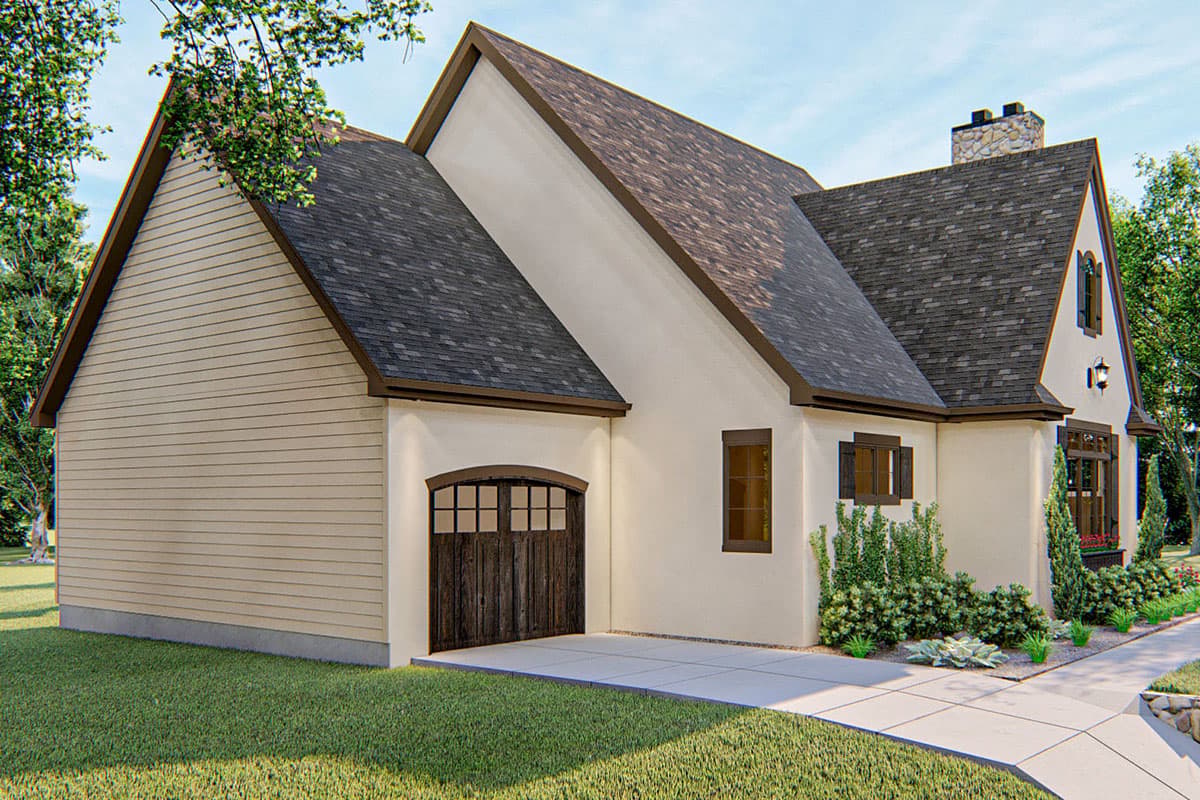 House plan exterior: Modern farmhouse style with a gabled roof, stucco siding, horizontal siding, and a dark wood garage door.