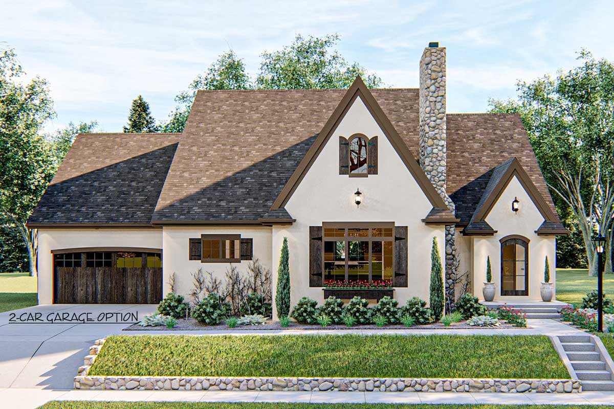 House plan exterior with stucco finish, steep gables, stone chimney, and a 2-car garage option.