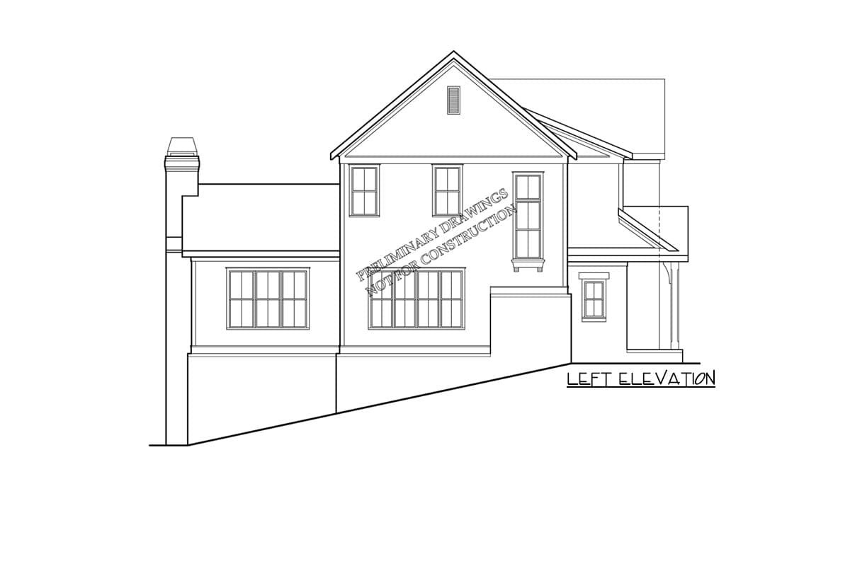 Left elevation house plan shows a two-story structure with a gable roof, dormer, chimney, and covered porch.