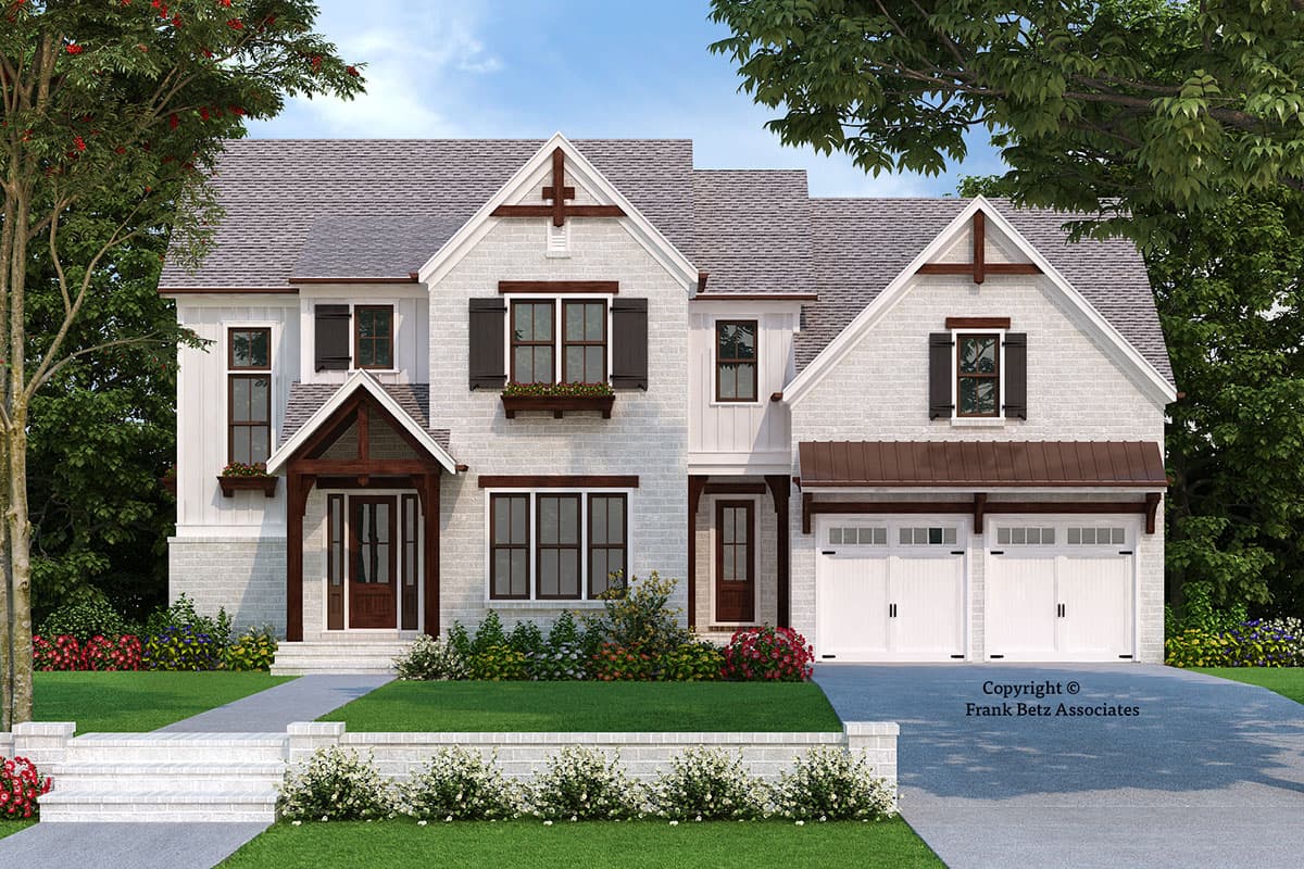 House plan exterior with Craftsman details. Two-story home with gables, a covered porch, and a two-car garage. Stone facade with dark trim.