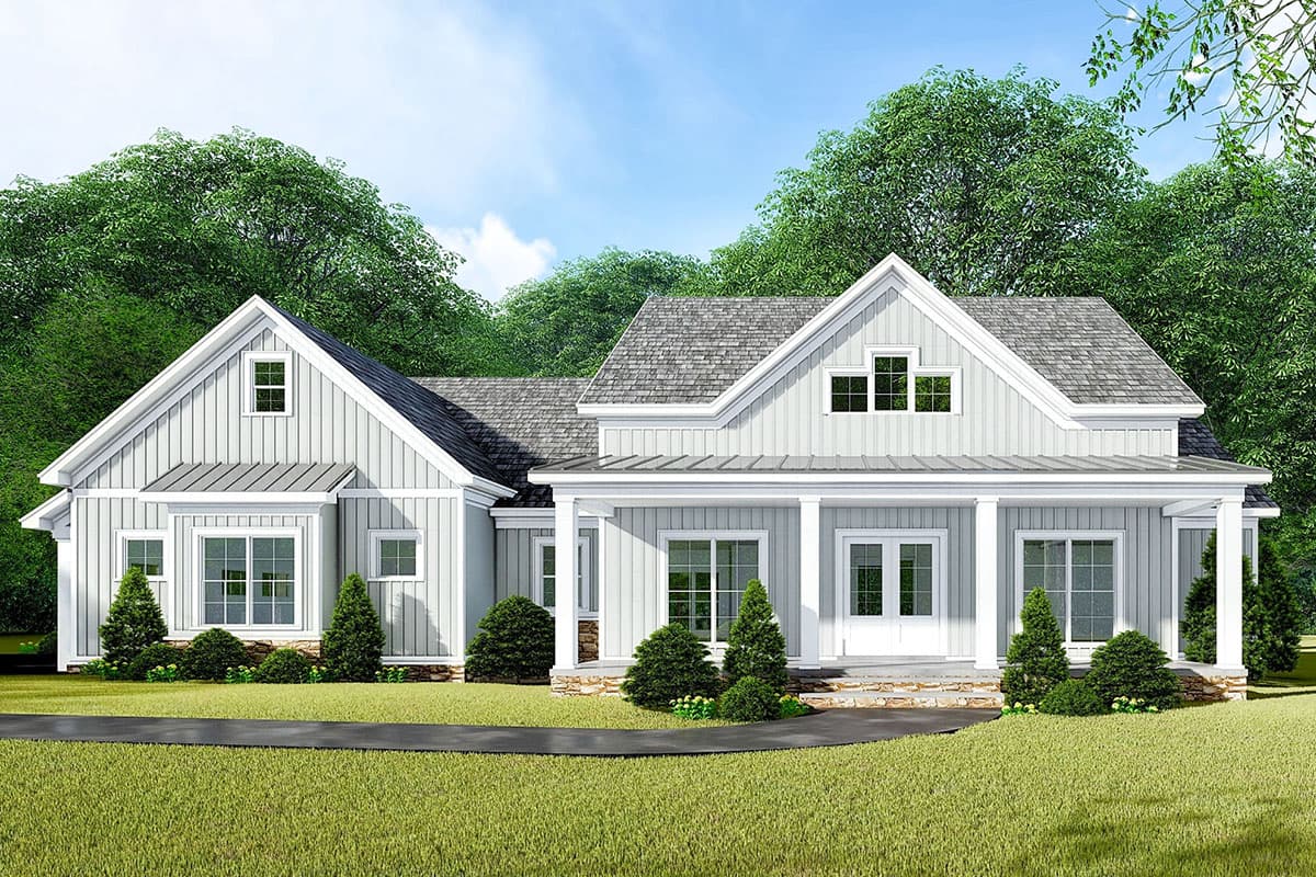 Modern Farmhouse house plan exterior with prominent gables, covered front porch, and multi-pane windows.