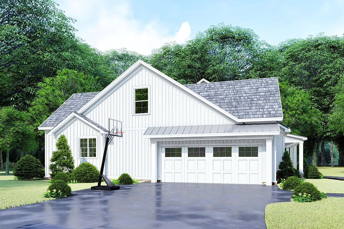 Modern Farmhouse style house plan exterior with a two-car garage, gable roof, and board and batten siding.
