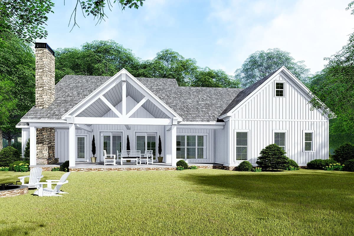 Modern Farmhouse house plan exterior with stone chimney, covered porch, gables, and board and batten siding.