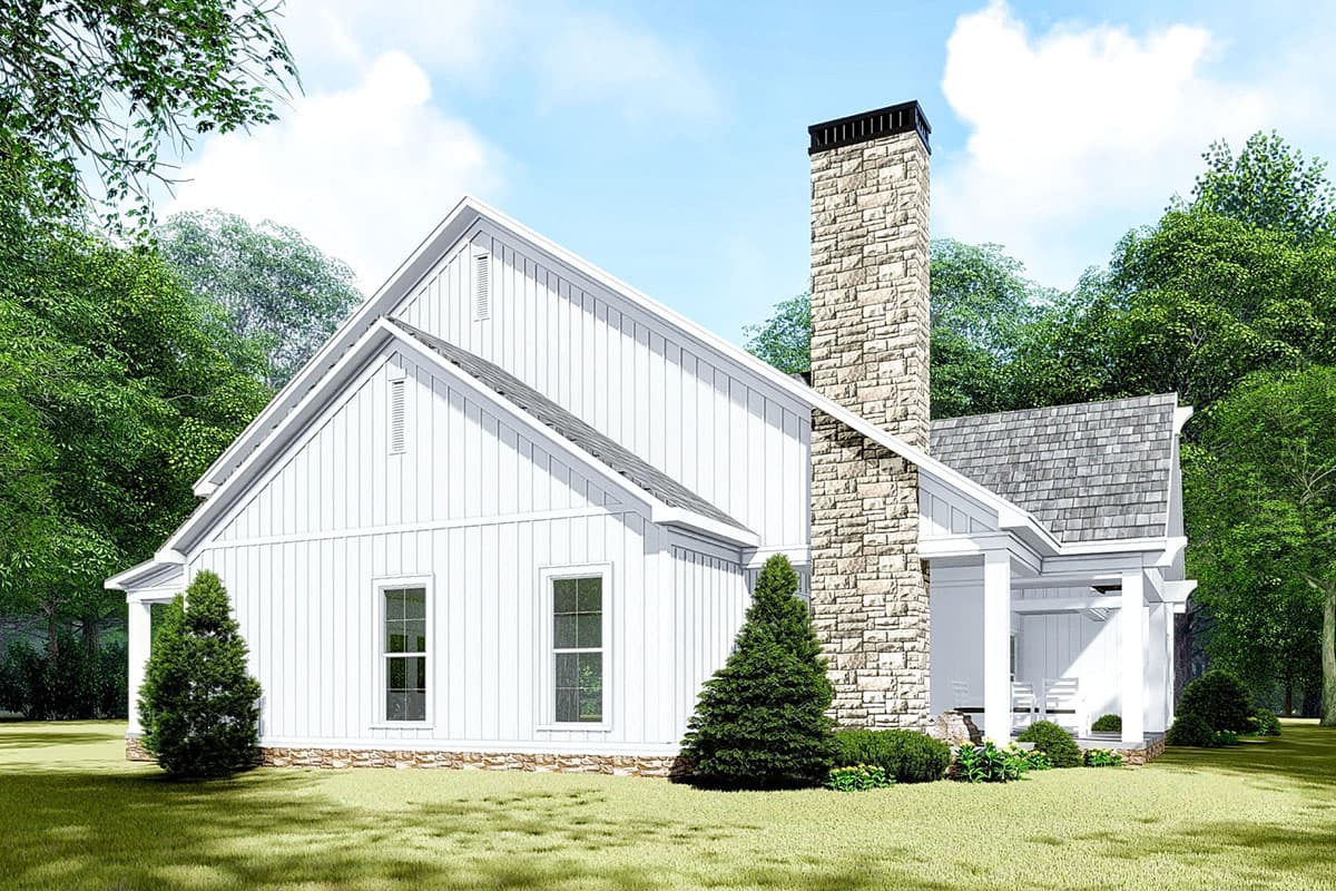 House plan exterior: Modern Farmhouse style, gabled roofs, prominent stone chimney, and covered front porch with white columns.