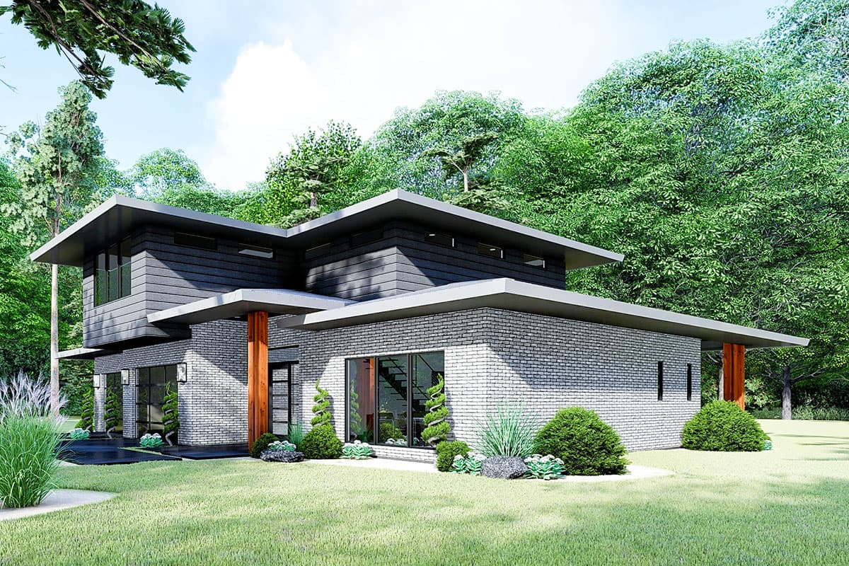 Modern two-story house plan exterior with stacked stone, cantilevered rooflines, and prominent wooden support columns.