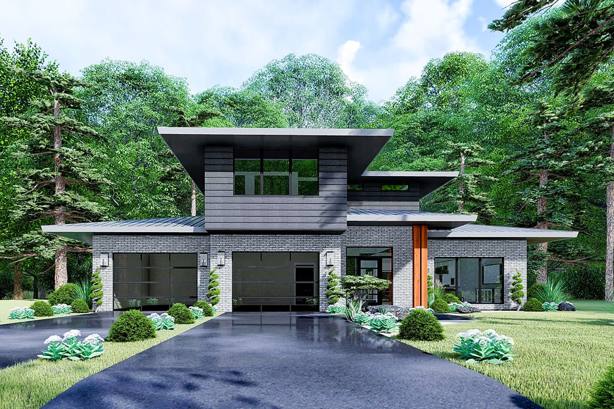 Modern house plan exterior with two-car garage, cantilevered upper level, brick and wood accents, and flat rooflines.